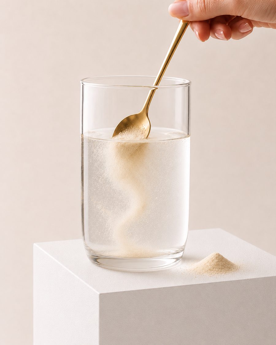 A scoop of By Sea Moss. powder stirred into a glass of water with a gold spoon